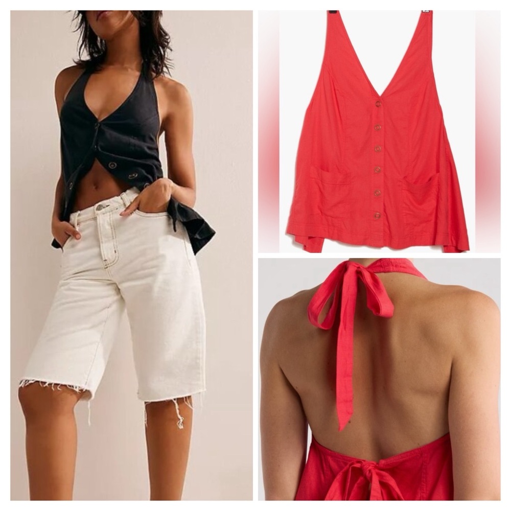 Free People NWT Scout Linen Blend Vneck Snap-Close Halter Vest Top large